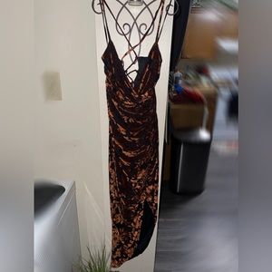 Black & bronze velvet slit dress